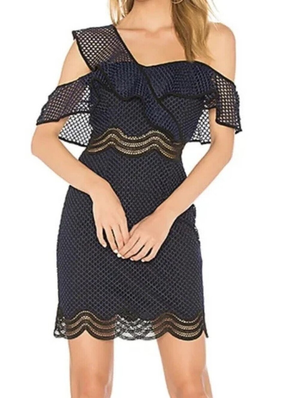 SAYLOR Luca One Shoulder Mesh Mini Dress Navy Blue Small